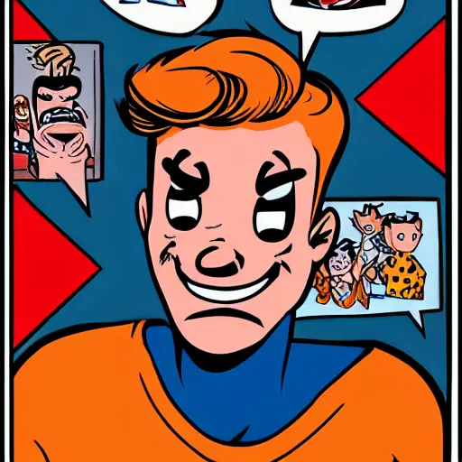 Prompt: dan decarlo art style, comic character, kind, friendly, orange hair, oval eyes, round face, freckles, thick eyebrows, archie andrews, smiling