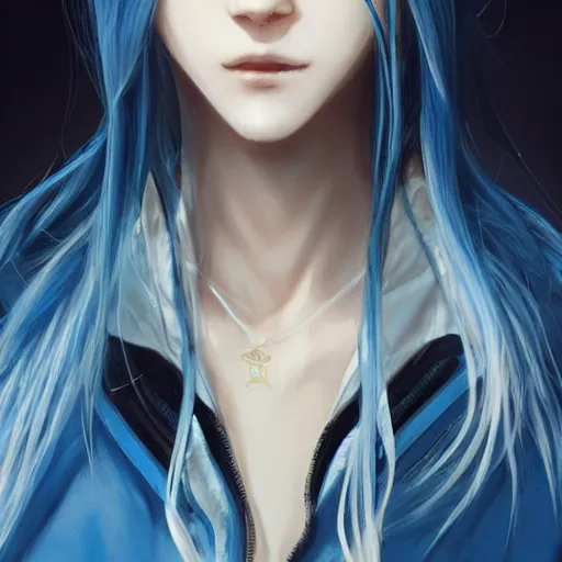 Image similar to profile shot of rimuru tempest, sky blue, straight hair, long bangs, amber eyes, wearing a black jacket with white stripes, high collar, highly detailed, unreal engine 5, digital painting, cinematic, wlop | artgerm, pixiv, yoshitaka amano, greg rutkowski, ilya kuvshinov, andy warhol