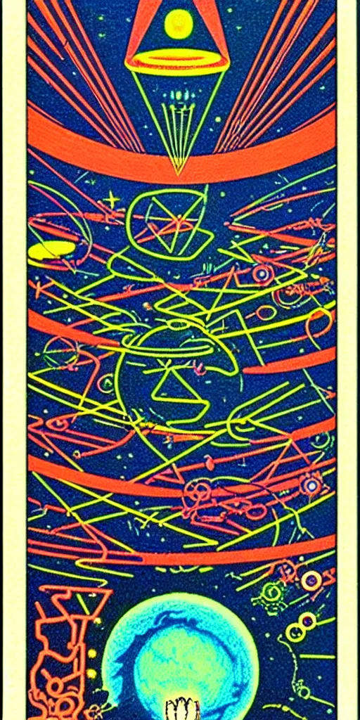 Image similar to 1968 science fiction tarot card, cut out collage, neon Aztec, spring on Saturn, epic theater, deep sea, mountain plants, drawings in part by moebius, part by Ernst Haekl, text by William S Boroughs, written by Michael Ende