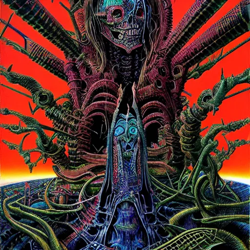 Image similar to thrash metal album cover in the style of roger dean, realistic, sharp focus, 8k high definition, insanely detailed, intricate, elegant, art by philippe druillet and virgil finlay