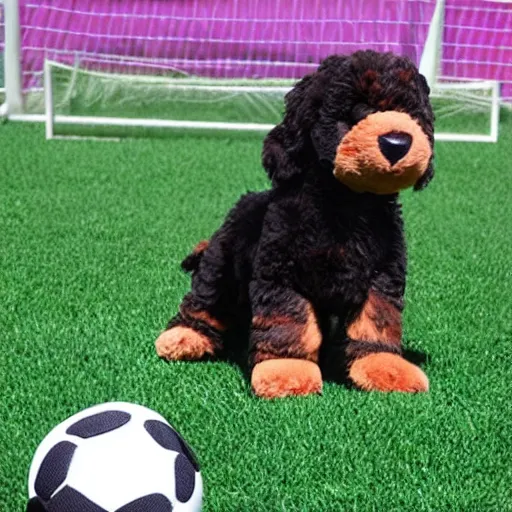 Image similar to bernedoodle puppy stuffed animal playing soccer