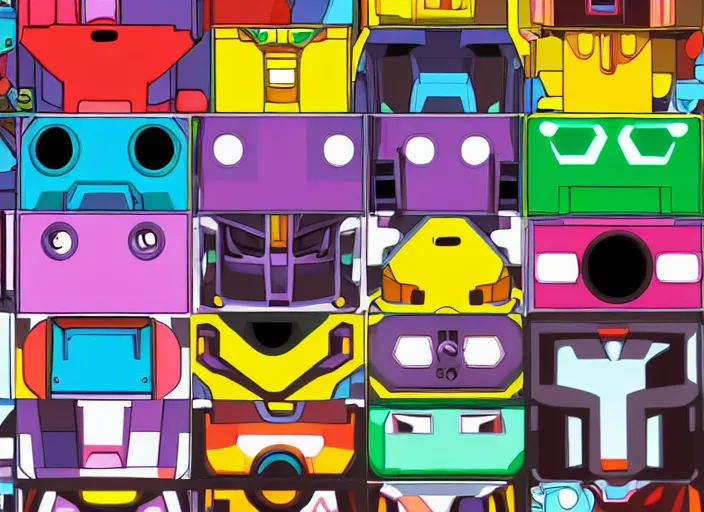 Image similar to 3 rows of 3 framed closeup colorful 3 d - rendered face portraits of cute evil robots from mega man, with a futuristic mechanical background.