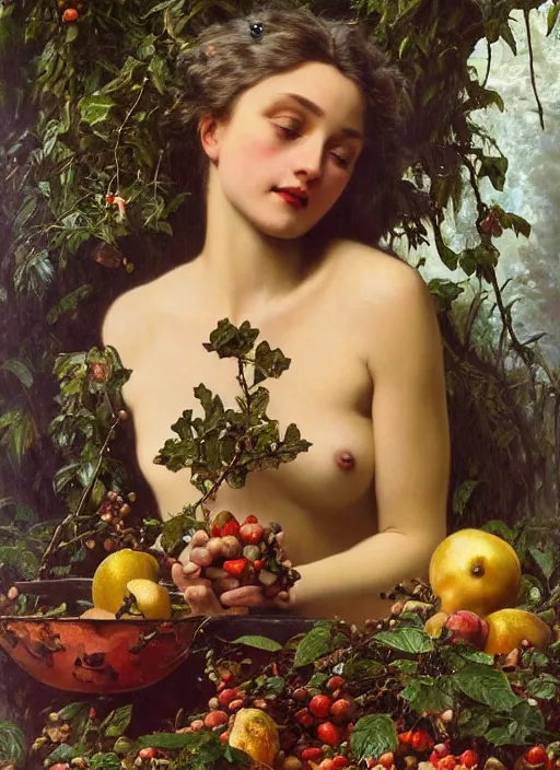 Prompt: masterpiece ultrarealistic ultradetailed vivaldi rv 2 9 7 winter painting of eve eating fruit of the tree of knowledge of good and evil in the garden of eden, still life, greg rutkowski, immerse, slime, 2 0 th century, special effects makeup, maximalist, glittering, gold, ivory, hyperreal, golden ratio, alphonse mucha