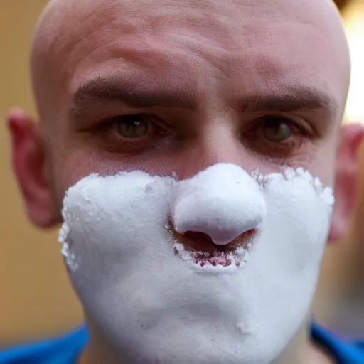 Image similar to close up photo of a bald crimean man with yoghurt on his face