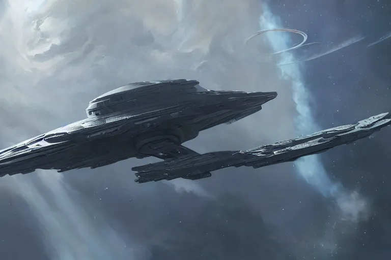 Image similar to hyper realistic sci - fi matte concept art painting of a starship above earth, beautiful details, strong composition painted by kim jung guweta studio rutkowski, james gurney and greg rutkowski, and lucasfilm, smooth, intricate, detailed, sharp focus, cinematic