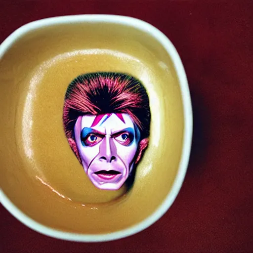 Prompt: a cereal bowl in a shape of bowie face, in labyrinth,