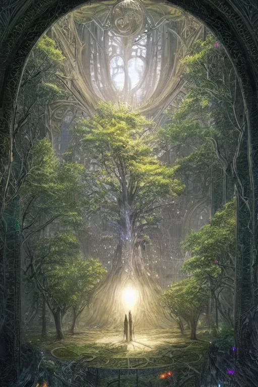 Image similar to tree of life, volymetric light, tiny miniature city around base of tree, sprawling out around it, dappled shadows and sparkly buildings, highly detailed matte painting by ( ohrai ), charlie bowater and mark brooks