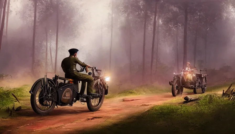 Prompt: a british officer driving a motorcycle at high speed in 1921 in kerala forest road, local people chasing to attack, furious action scene, chase, an epic fantasy, dramatic lighting, cinematic, establishing shot, extremely high detail, photorealistic, cinematic lighting, artstation, by simon stalenhag, uncharted a thief's end