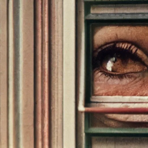 Image similar to Zoomed cropped closeup of unexpected voyeuristic eye contact with neighbor in window, Technicolor, telephoto lens, vintage photograph