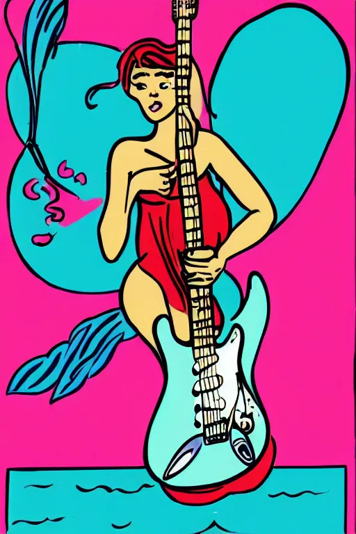 Prompt: illustration of a mermaid playing an stratocaster electric guitar, 1960s cartoon