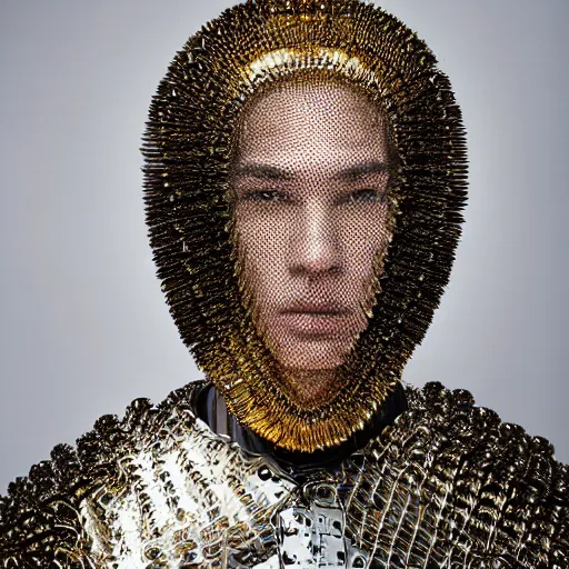 Prompt: a portrait of a beautiful young male wearing an alexander mcqueen armor made of mirrors , photographed by andrew thomas huang, artistic