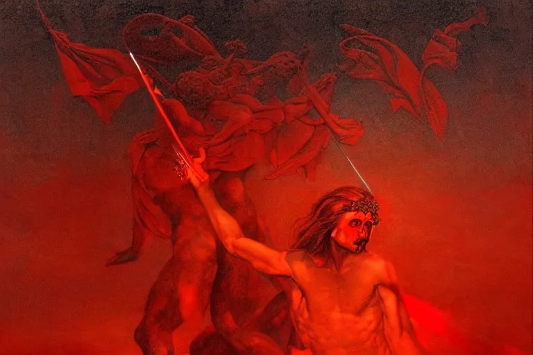 Image similar to only with red, a red melted apollo with a laurel wreath and a flaming sword announce the win, atene in the background, in the style of beksinski, part by hopper, part by rodcenko, part by hofbauer, intricate composition, red by caravaggio, insanely quality, highly detailed, masterpiece, red light, artstation