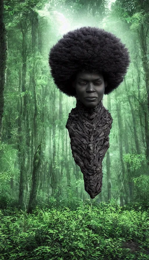 Image similar to hyper realistic 3 d render of a afro future sci - fi ancient black god on the middle of a forest