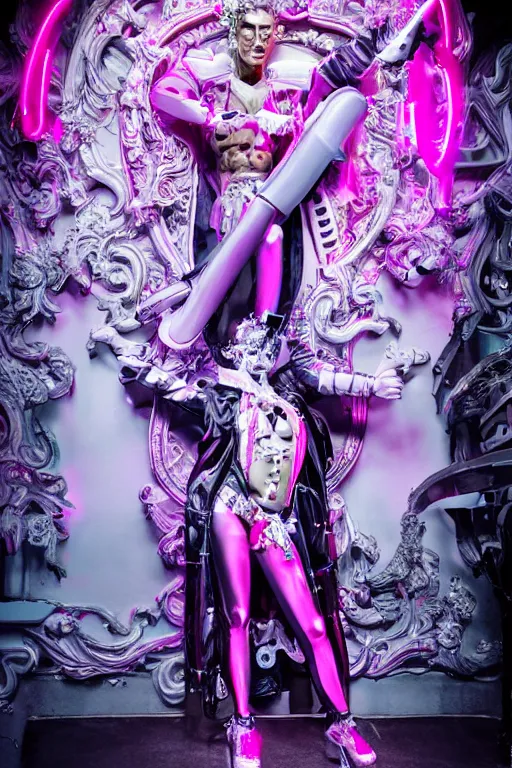 Prompt: full-body rococo and cyberpunk style neon statue of a muscular attractive Roberto macho dotado e rico android sim roupa reclining con las piernas abertas e la piroca dura, glowing white laser eyes, prince crown of pink gears, diamonds, swirling silver-colored silk fabric. futuristic elements. full-length view. space robots. human skulls. intricate artwork by caravaggio. Trending on artstation, octane render, cinematic lighting from the right, hyper realism, octane render, 8k, depth of field, 3D