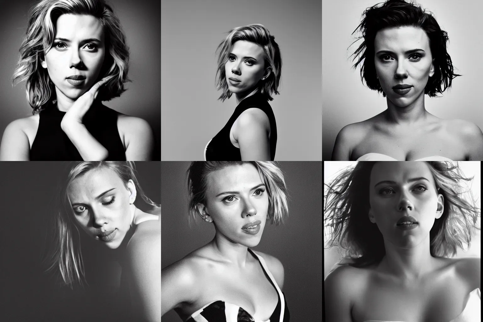 Prompt: realistic black and white photograph of Scarlett Johansson, 35mm,