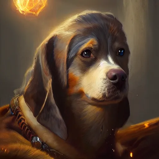 Image similar to Portrait of a dog as a sorcerer, magic, fantasy, D&D, intricate, cinematic lighting, highly detailed, digital painting, artstation, concept art, smooth, sharp focus, illustration, art by Artgerm and Greg Rutkowski