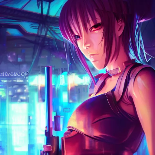 Prompt: Anime Girl in a cyberpunk city bar, full body, beautiful face, fantasy, medieval, vivid colors, elegant, concept art, sharp focus, digital art, Hyper-realistic, 4K, Unreal Engine, Highly Detailed, HD, Dramatic Lighting by Brom, trending on Artstation