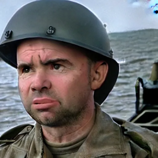 Image similar to Karl Pilkington in Saving Private Ryan, cinematic shot