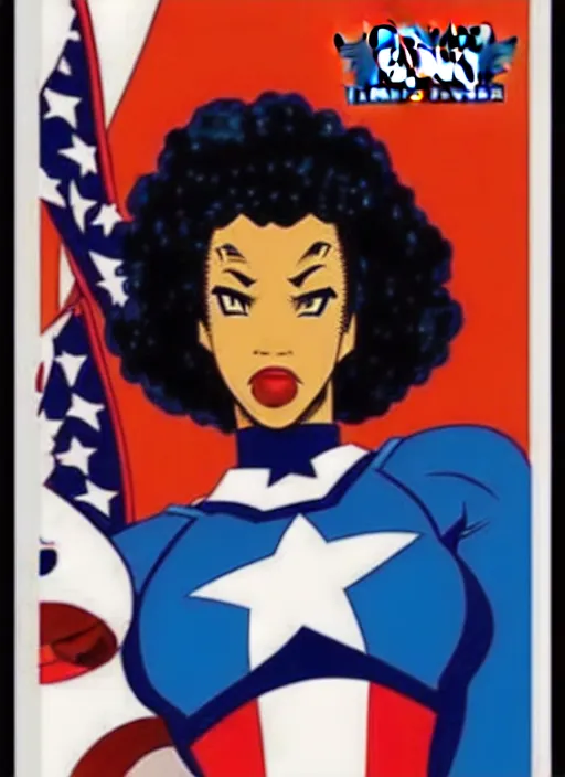 Image similar to beautiful black female captain america. afro - feminist captain america wins wwii. american wwii propaganda poster by carole feuerman, masamune shirow, rob liefeld and pixar. gorgeous face. pin up model. overwatch, realistic, black power, patriotic