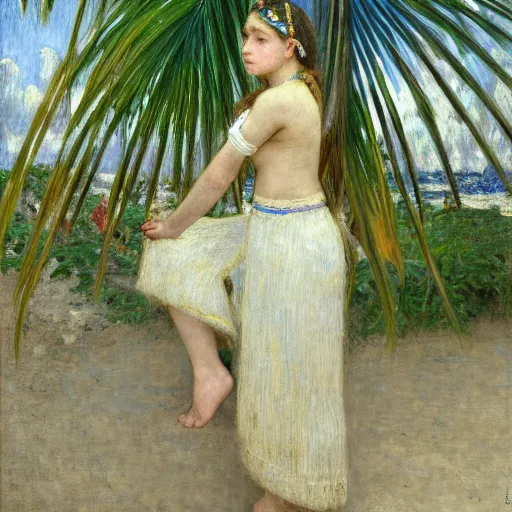 Image similar to a ultradetailed beautiful painting of a girl in the amazonas palace designed by jules bastien - lepage, hans belmer, frank weston and gustave baumann, beach, trending on artstation, mediterranean, palm trees, light sparkles, sharp focus, soft light, 8 k 4 k