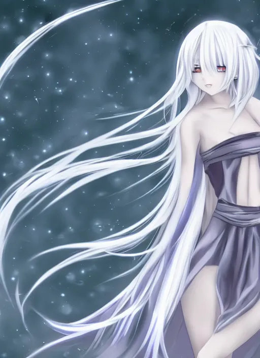 Prompt: thin anime girl with silver hair so pale and wan!, wearing robes, covered in robes, anime goddess manga, flowing hair, pale skin, young cute face, covered!!, clothed!, 4 k resolution, aesthetic!,