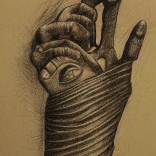 Prompt: on the head of a warrior, lies the hand of a mummy, pencil drawing, engraving, simple drawing, few details