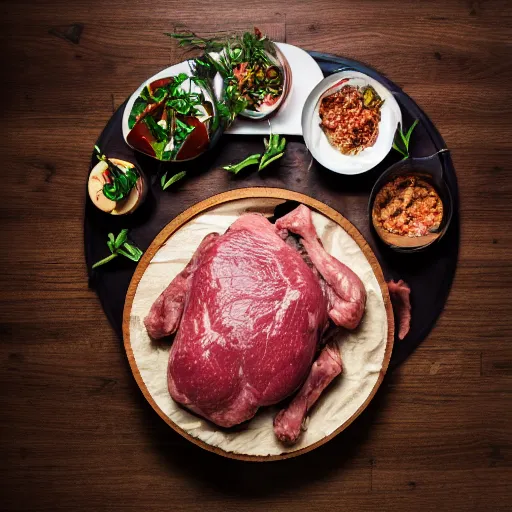 Image similar to a round bench completely covered in meat, studio photography, 5 0 mm