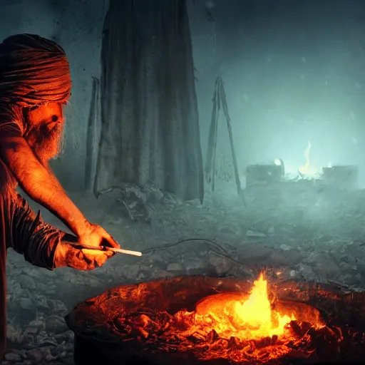 Prompt: An Aghori drinking from a skull near a cremation pyre, 4k, ominous, dark souls, Behance