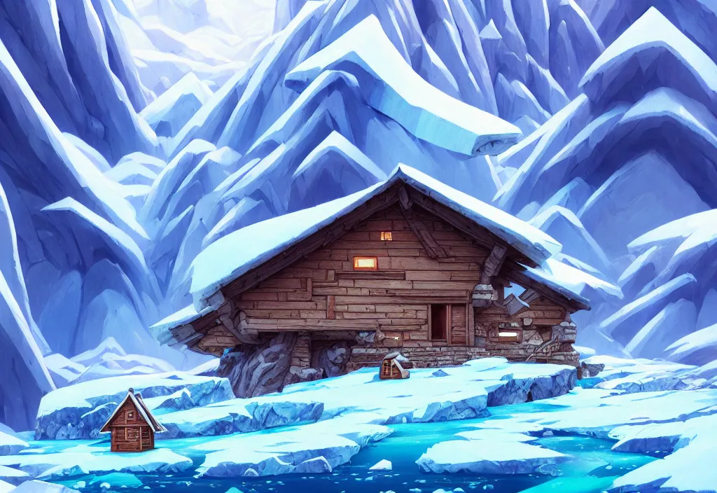 Prompt: a glacier with a tiny chubby wood house on the foreground, ice, rocks, intricate oil painting, high detail illustration, sharp high detail, manga and anime 1 9 9 9, official fanart behance hd artstation by jesper ejsing and makoto shinkai, 4 k,