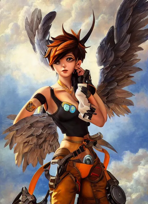 Prompt: full body oil painting of tracer overwatch in the style of sophie anderson, angel wings, dress garment, dramatic painting, wearing steel collar, symmetrical composition, ornate, high detail,