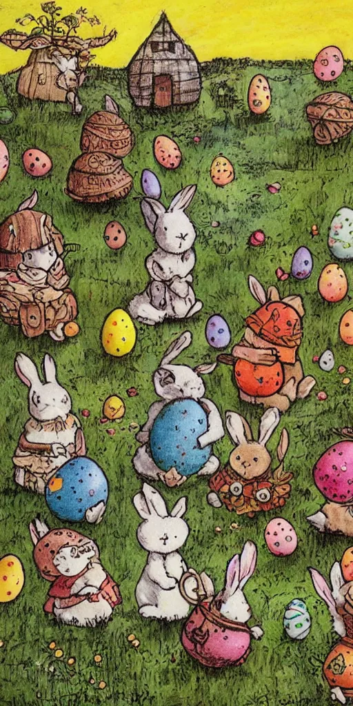 Prompt: an easter scene with eggs and bunnies by alexander jansson and where's waldo in easter colors