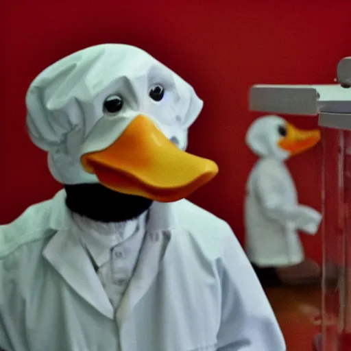 Prompt: a duck wearing a labcoat, lab in the background