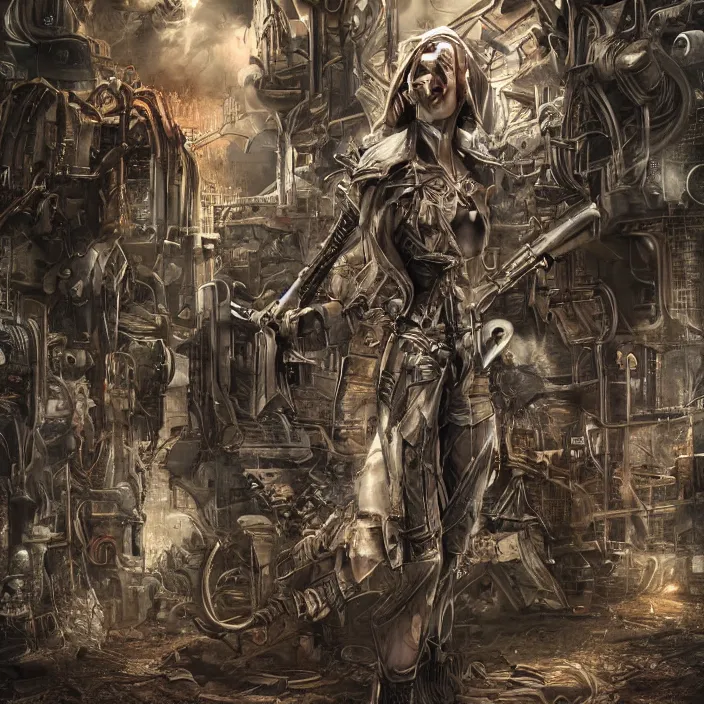 Image similar to apocalyptic woman in hood standing in hall of machinery and weaponry, hyper - detailed, smooth, sharp focus, 4 k ultra hd, fantasy dark art