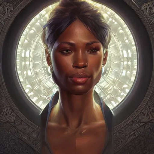 Image similar to full figure ultra realistic illustration, okoye, intricate, elegant, highly detailed, digital painting, artstation, concept art, smooth, sharp focus, illustration, art by artgerm and greg rutkowski and alphonse mucha