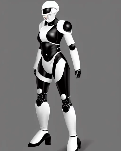 Prompt: concept art of a thicc female futurstic warrior, wearing a futuristic white helmet, futurstic black body smooth slim fitted armor, sleek design, aerodynamic design, holding a large futurstic robotic bow, full body image | | epic - fine - clean, polished, trending on artstation, brush strokes