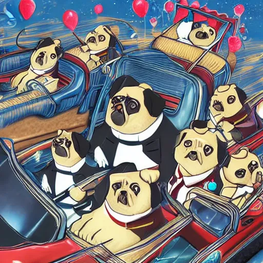 Image similar to important president pug dog in a convertible parade, expensive suits, Nintendo game art, Hayao Miyazaki, intricate detail, illustration, beautiful lighting,