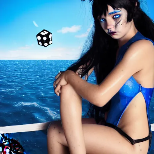 Image similar to a dnd Triton girl with blue skin and messy black hair wearing a black swimsuit sitting on the deck of a ship and holding an apple, a little blue-skinned girl with messy black hair sharp pointed ears freckles along the ridges of her cheeks, dnd triton, high resolution film still, 4k, HDR colors