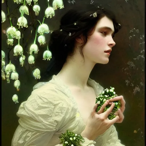 Image similar to a beautifull intricate woman with lily of the valley, reflexions, verry high details by william turner art, greg rutkowski and alphonse mucha, trending on artstation, very very detailed, masterpiece, - h 7 6 8