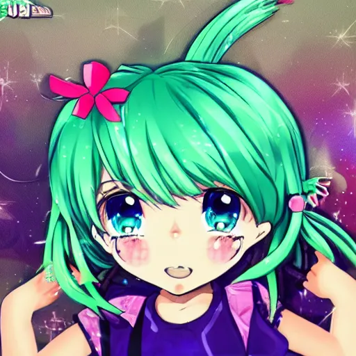 Prompt: a gorgeous cute kawaii big eye anime girl with green hair in the style of idolmaster graphics, portrait, shining, glitter, 3 d