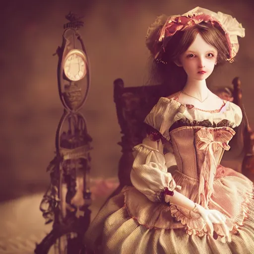 Image similar to A beautiful atmospheric photo of a beautiful Bjd doll girl, wearing cute victorian costume, fantasy tea cup, intricate details, sharp focus, symmetrical composition, octane render, 8k, volumetric lighting