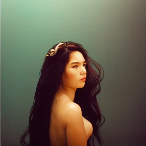 Image similar to Portrait photo of a woman under water, long dark hair, flowing hair, posed in profile, studio lighting, highly detailed, art by artgerm, cinestill 800t