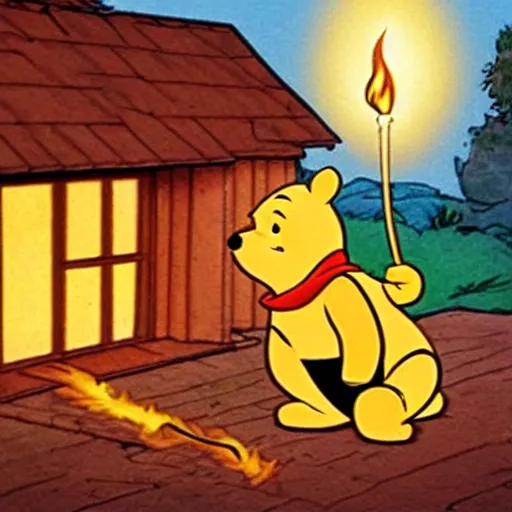 Image similar to winnie the pooh lighting a house on fire, in the style of winnie the pooh