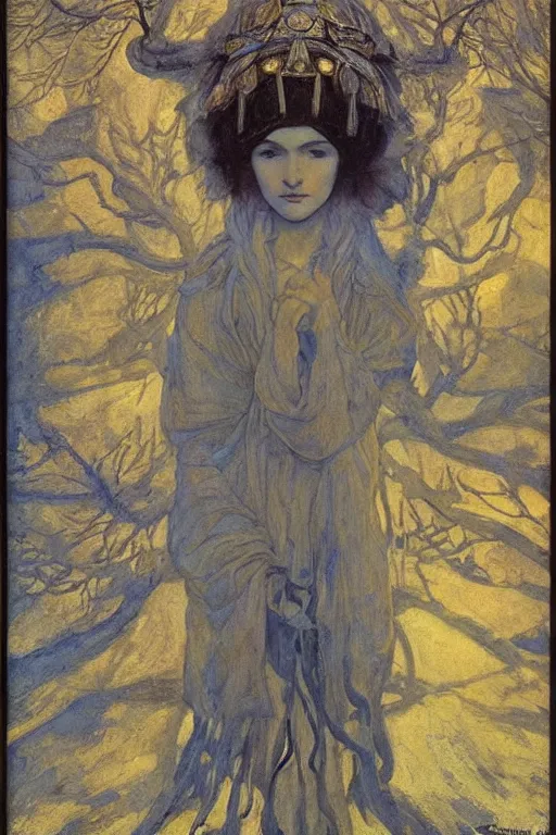 Image similar to queen of winter by Annie Swynnerton and Nicholas Roerich, strong dramatic cinematic lighting , ornate headdress , flowing robes, lost civilizations, smooth, sharp focus, extremely detailed