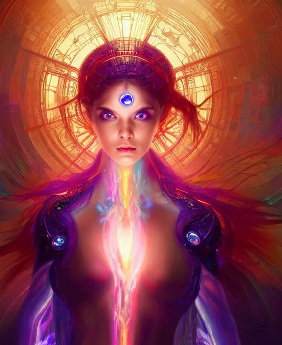 Image similar to a whirlwind of souls rushing inside the metaverse, half body, glowin eyes, tiara with sapphire, pharaoh, android, cyberpunk, d & d, fantasy, intricate, elegant, highly detailed, colorful, vivid color, digital painting, artstation, concept art, art by artgerm and greg rutkowski and alphonse mucha and ruan jia