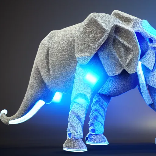 Prompt: hyper realistic cybertronic elephant. high details of body and face. complex realistic mechanical body. blue led. cyberpunk style, intricate, trending on art station, 8 k render.