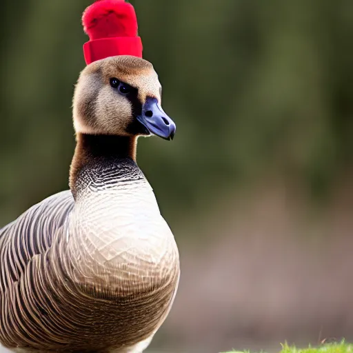 Prompt: A Canadian goose wearing a mountie hat and outfit, photo, 8k