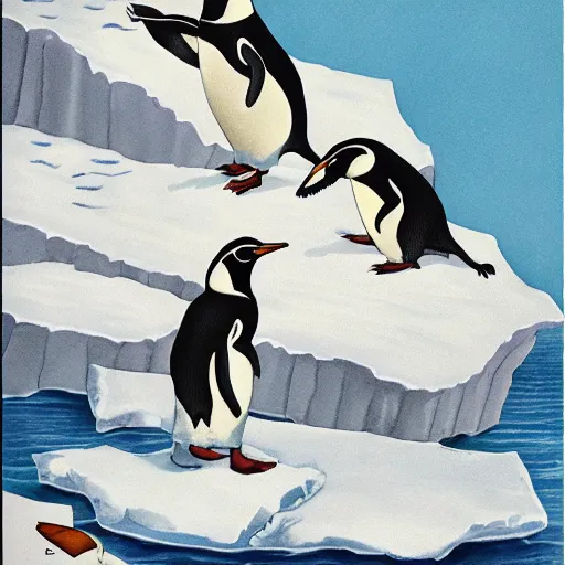 Prompt: s. gross new yorker cartoon of penguins on an iceberg