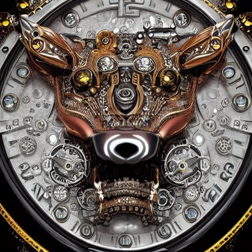 Image similar to A close up symmetric steampunk fox head with sparkling eyes made from ornate engraved full plate armor and Rolex gears and jewels and gems, macro shot by Justin Gerard, unreal engine, detailed, intricate, physically based rendering