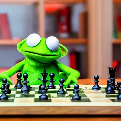 Image similar to photo of ( hybrid of kermit the frog and yoda ) playing chess