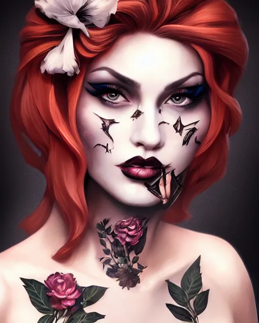 Prompt: Mysterious mafia princess portrait, flower face tattoo, smoke, chiaroscuro, noir, by artgerm and tony sart, deviantart, artstation